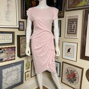 80s Vintage Pink Polyester Cap Sleeve Draped Peplum Dress with Rhinestone Button